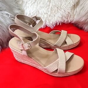 Woven Ankle-Strap Espadrille Wedge Sandals - Cream